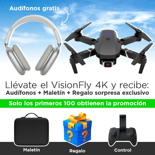 Drone VisionFly 4K con Cámara Dual y Zoom 50x, incluye Maletín y Audífonos con Cancelación de Ruido